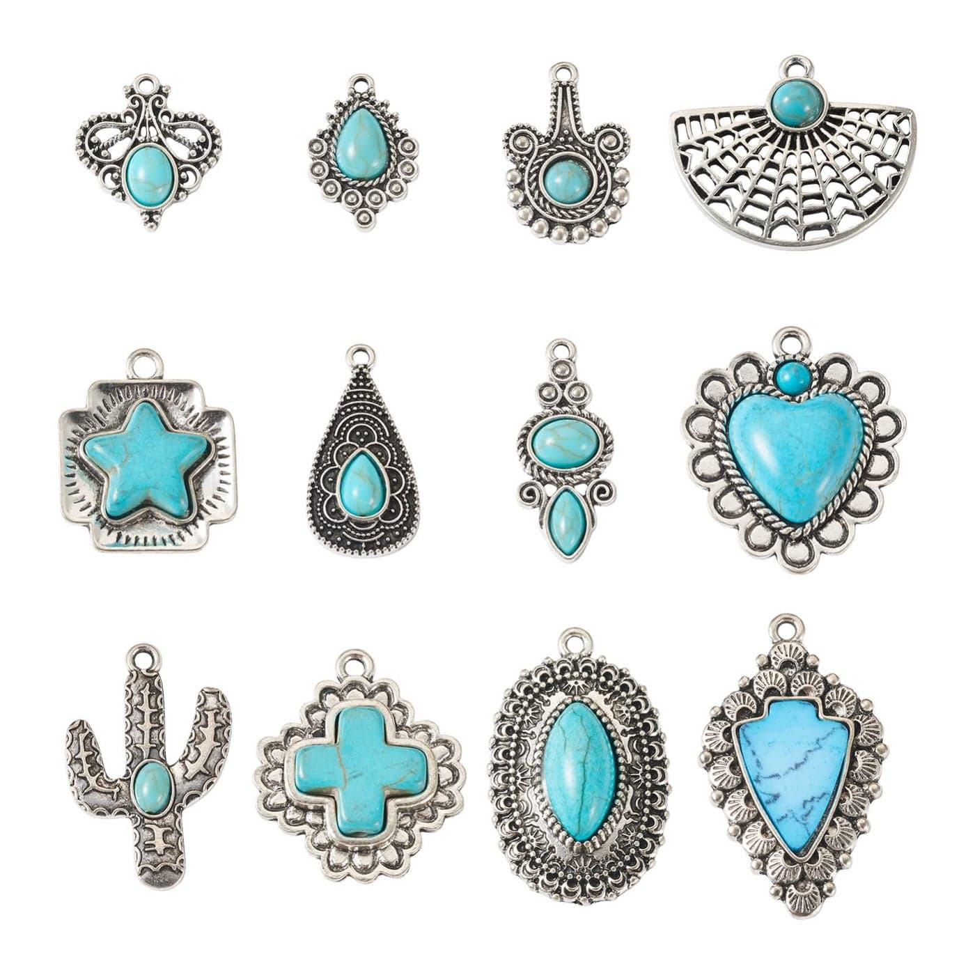 Spritewelry 24Pcs Synthetic Turquoise Charms 12 Styles Tibetan Style Vintage Pendants Western Charms Antique Silver Retro Big Dangle for Bohemia Earrings Nacklace Jewelry Making