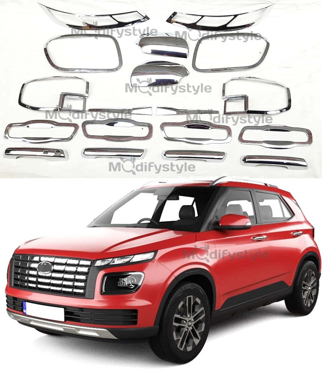 ModifyStyle Exterior Chrome Accessories Combo Kit Suitable for Hyundai Venue 2022 Onwards (Set of 18pcs)