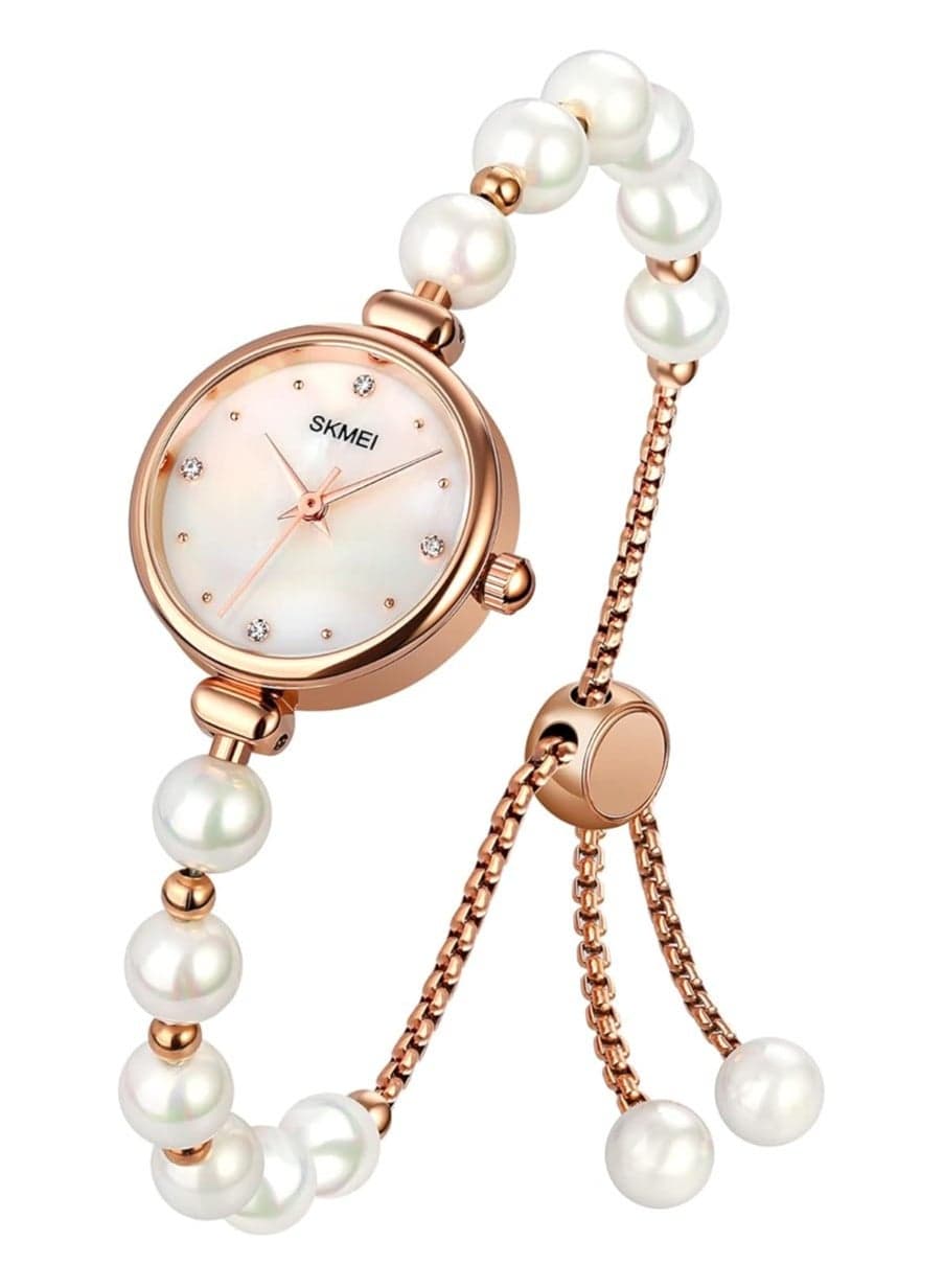 Skmei Watches for Women Elegant Bracelet Set Rose Gold Rhinestone Wrist Watch with Natural Pearls Bangles Ladies Bracelet Watche white