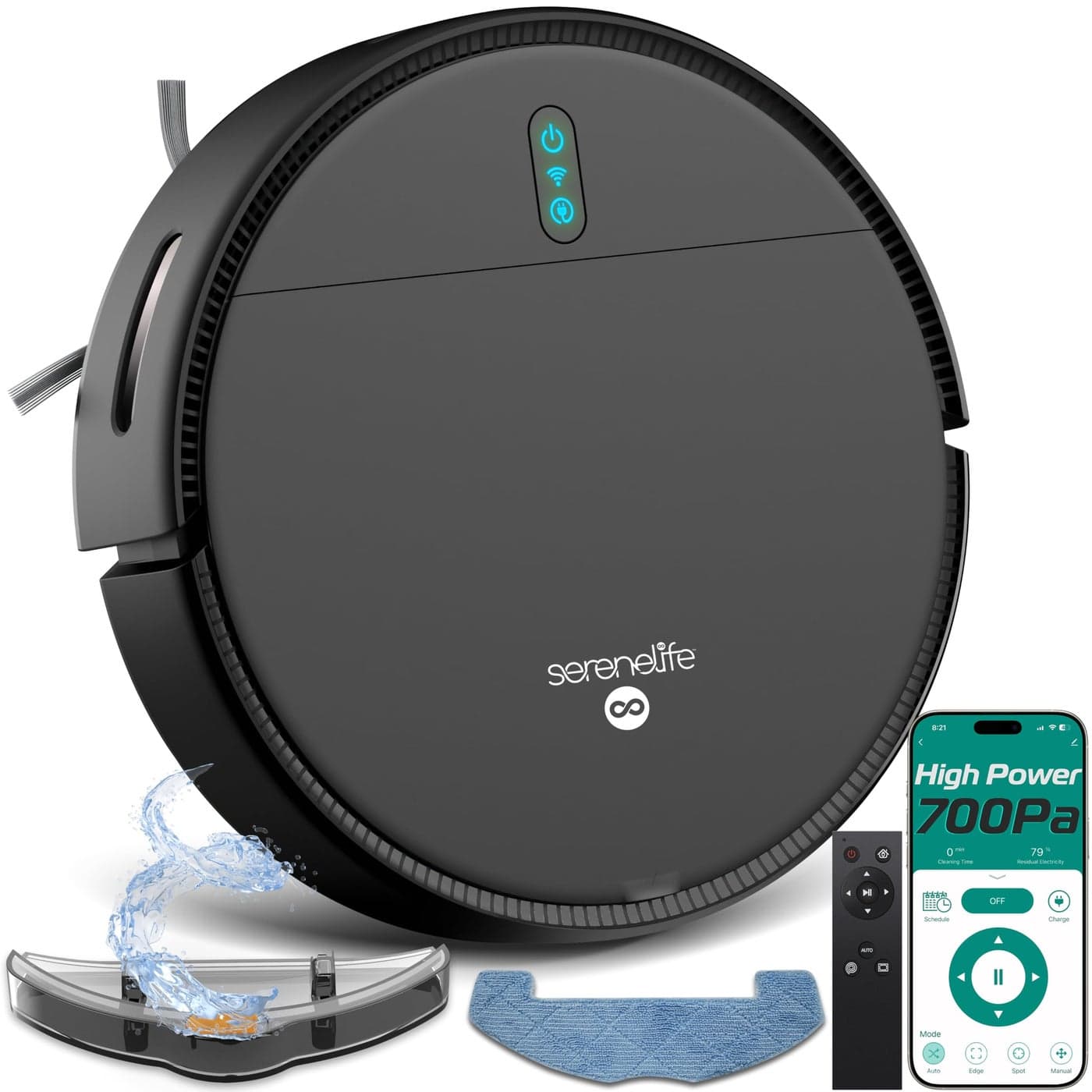 SereneLife Smart Robot Vacuum and Mop Combo App Control 3 Cleaning Modes AntiFall Sensors MultiSurface Cleaning SelfCharging 700Pa Suction Ideal for Pet Hair Soft and Hard Floors Black