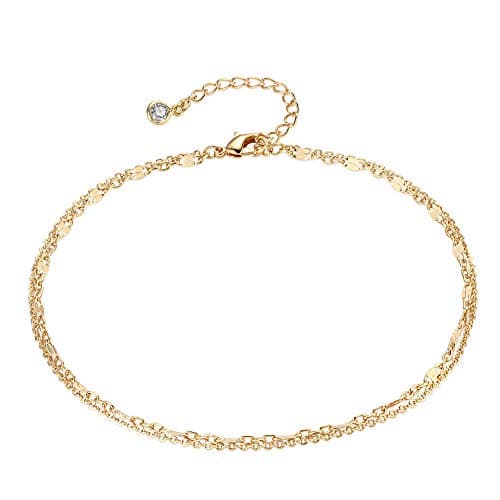 MEVECCO Anklet for Women Gold Layered Double Bar Sequin Lace Lip Chain 14K Gold Plated Dainty Boho Beach Summer Simple Foot Jewelry Ankle Bracelet