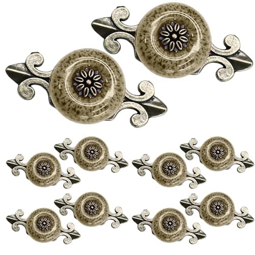 Suiwotin 10pcs Ceramic Dresser Knobs White with Pattern Vintage Cabinet Knobs with Antique Bronze Back Plate Decorative Drawer Pull Handles for Closet Cupboard