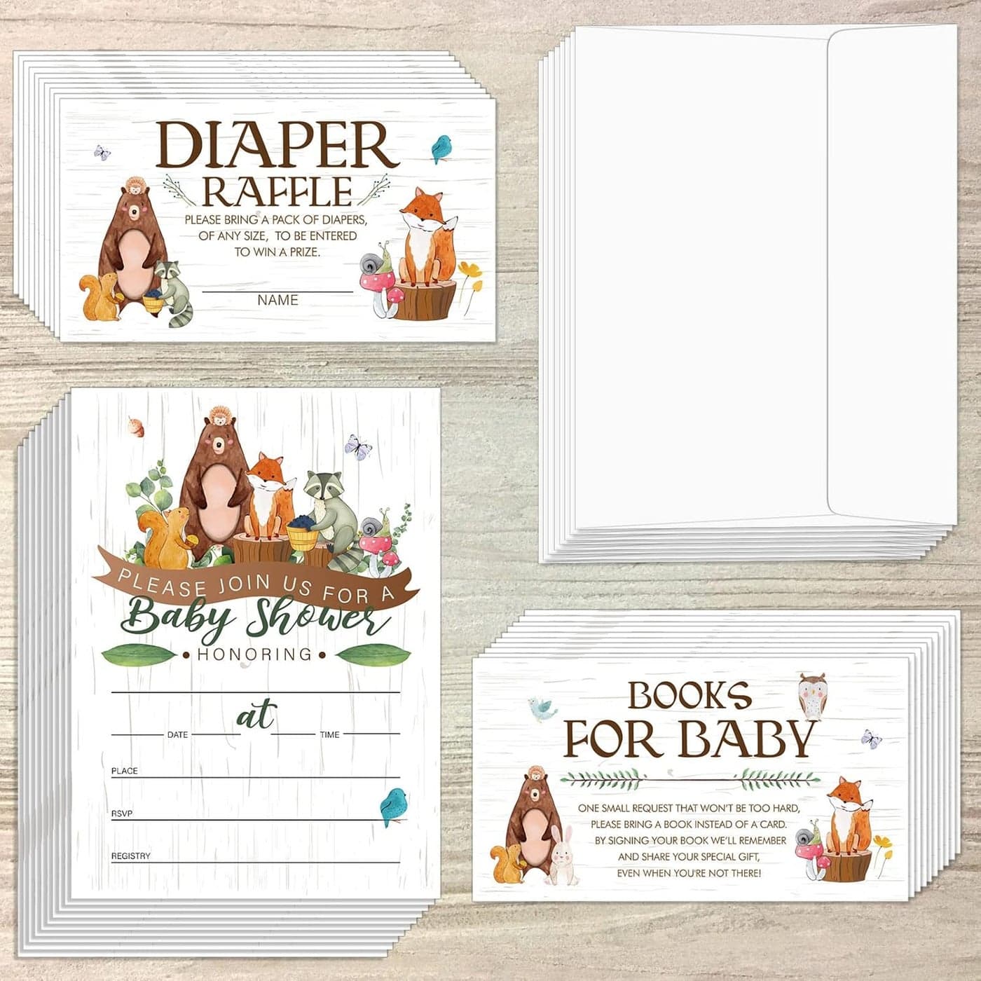 Containlol Sets of 28 Woodland Animal Baby Shower Invitations Diaper Raffle Tickets Baby Shower Book Request Cards with Envelopes for Boy Girl Woodland Creatures Forest Welcome Theme Party Supplies