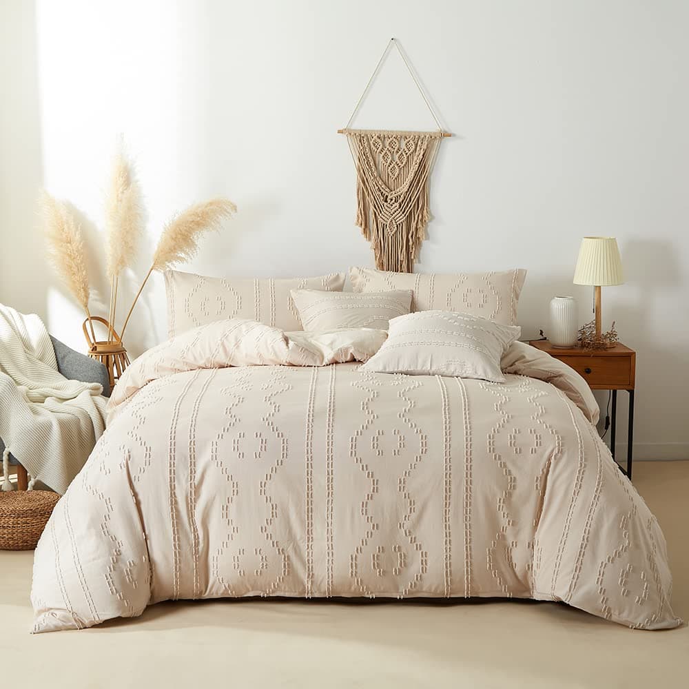 CinYana Boho Bedding Duvet Cover Sets 5 Piece Tufted Comforter Cover Set Shabby Chic Soft Breathable for All Seasons Queen Beige