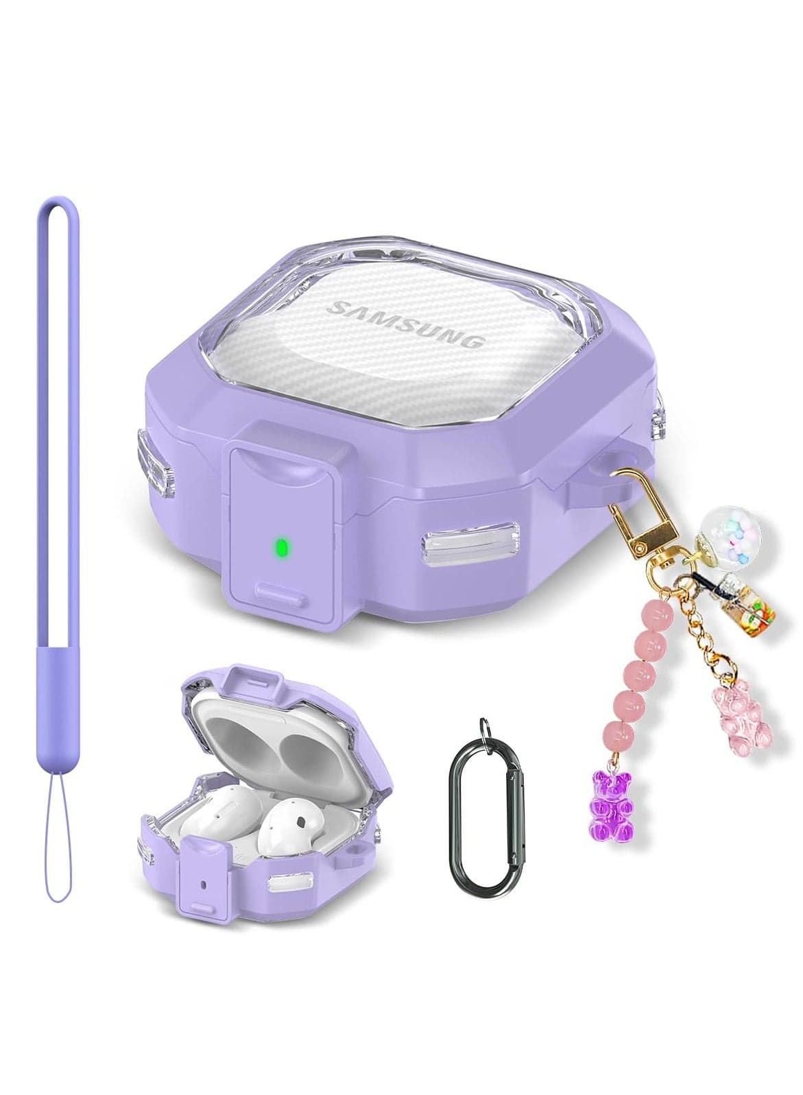 Cover Case for Galaxy Buds 2 Pro, Clear Protective Case Compatible with Galaxy Buds 2 Pro, Buds 2, Buds Pro, Buds Live with Fashion Keychain (Purple)