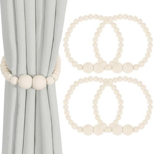 KLOGTSIND Magnetic Curtain Tiebacks, 4 Pack Curtain Holdbacks for Draperies, Wood Bead Curtain Tiebacks, Elegant Curtain Tie Backs for Bedroom Decor, Boho Room Decor, Nursery Decor, Farmhouse Decor