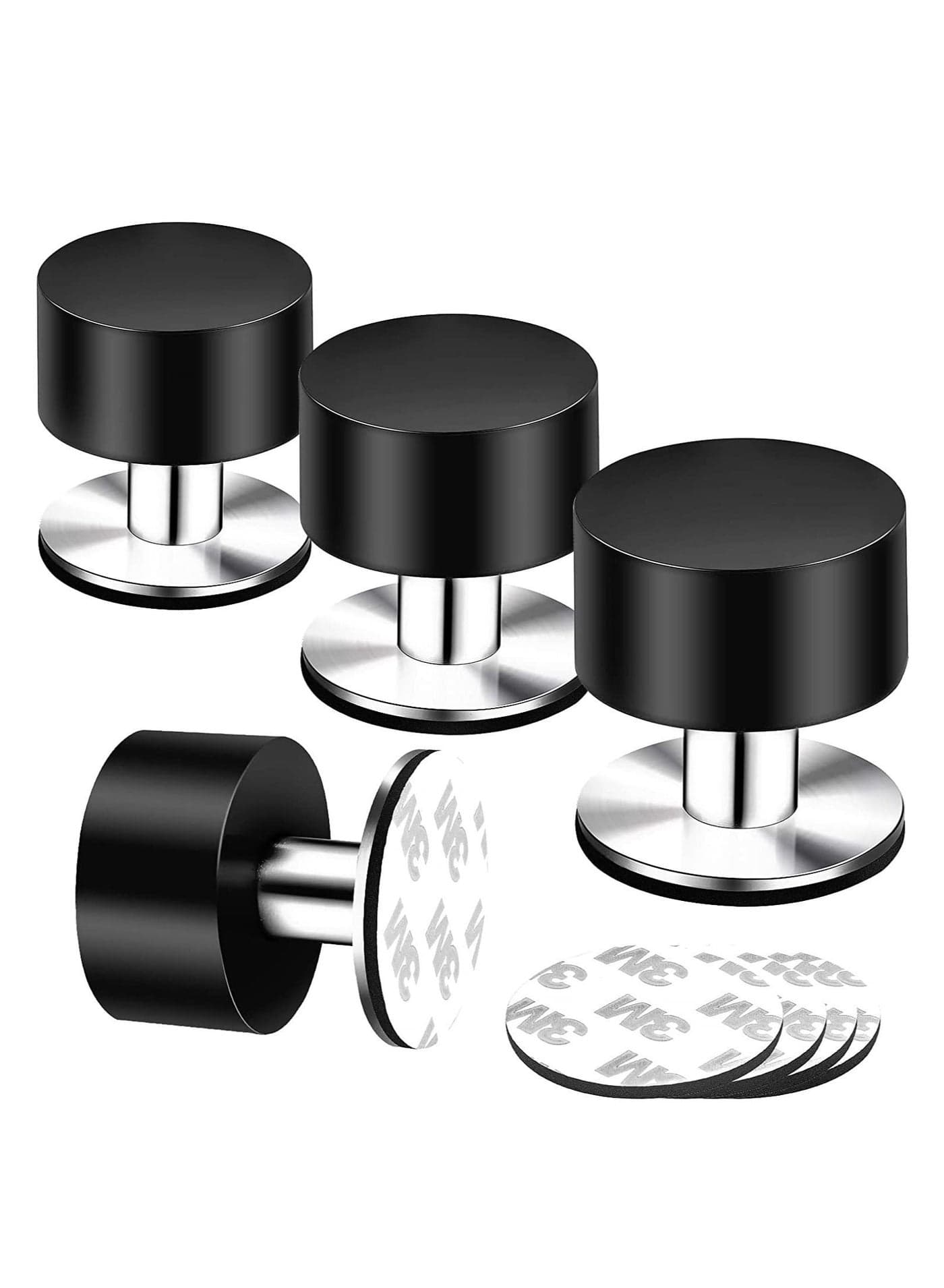 4 Pack Door Stops 4Pcs Extra Stickers Black Self Adhesive Stoppers Stainless Steel Stop with Sound Dampening Rubber Top for Home, Office Use Protect Furnitur Walls from Slamming