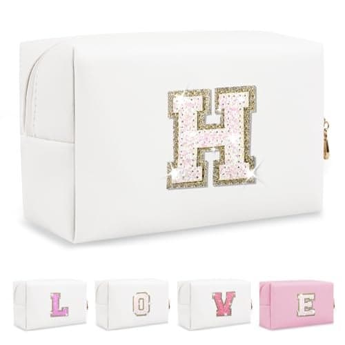 Small Initial Patch Makeup Bag Personalized Gifts Make Up Bag,White Cute PU Leather Glitter Letter Cosmetic Bag with Zipper,Trendy Portable Travel Toiletry Pouch,Preppy Stuff for Teen Girls Women H