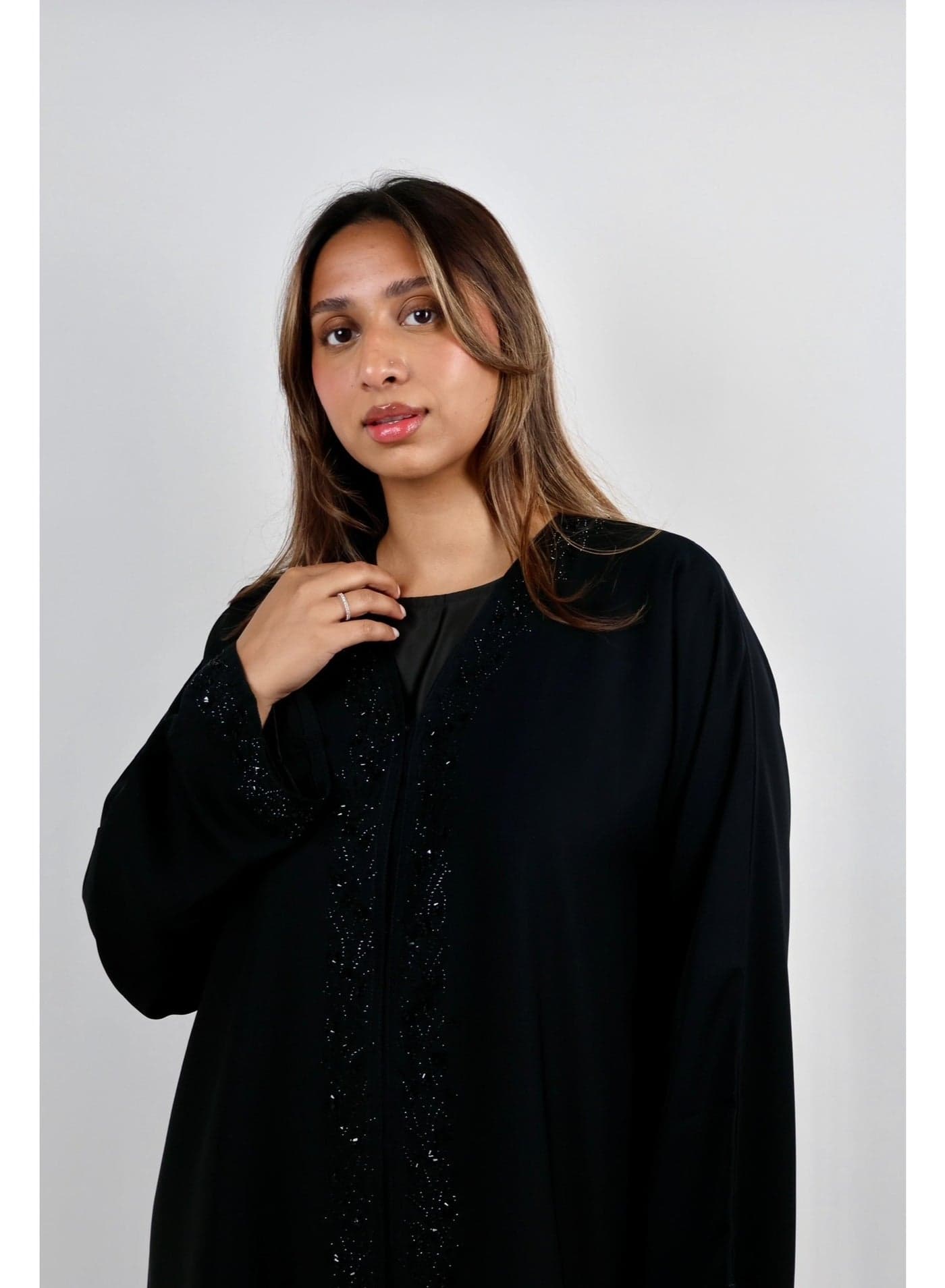 Open Front Black Abaya with Intricate Hand-Beaded Stone Work