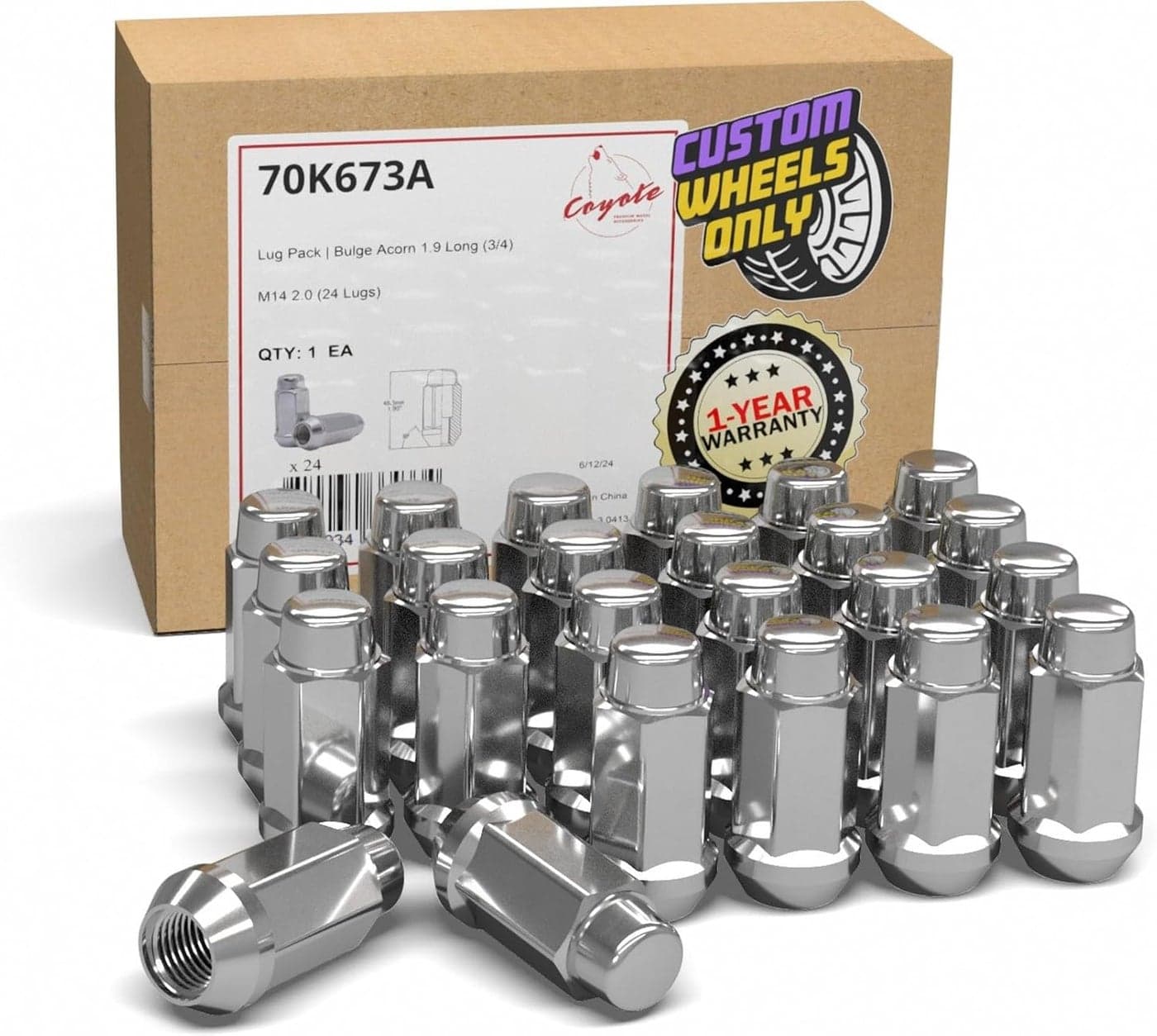 24 Pcs Chrome Bulge Acorn Lug Nuts