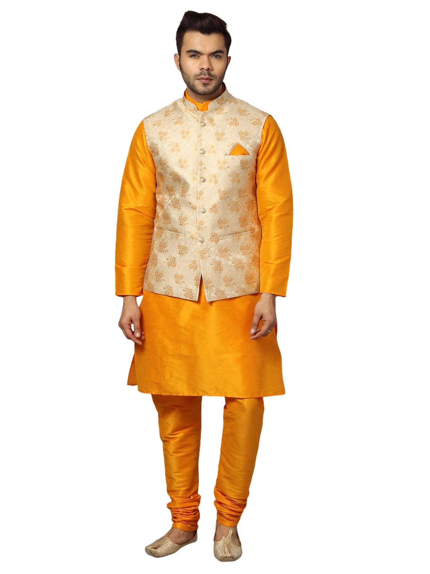 Ethluxis Men's Silk Blend Kurta Churidar Pyjama With Ethnic Bundi Nehru Jacket (38, Yellow)
