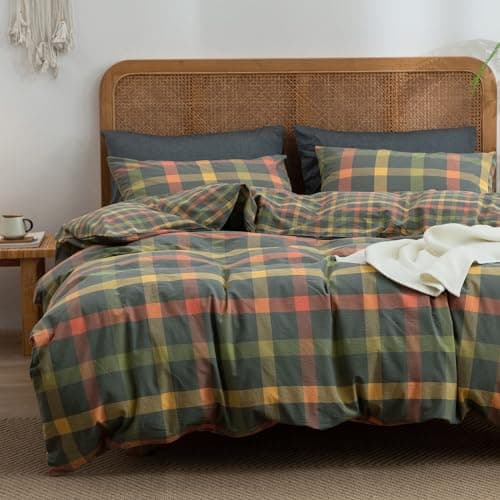 VM VOUGEMARKET Twin XL Plaid Duvet Cover Set Orange Grey Green Gingham Bedding Set Soft Washed Cotton Reversible Modern Cozy Duvet Cover with 2 Pillowcases for Teen Boys- 68x90 Inch