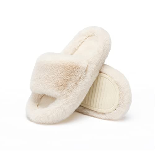 Chantomoo Women's Slippers Memory Foam House Bedroom Slippers for Women Fuzzy Plush Comfy Faux Fur Lined Slide Shoes Anti-Skid Sole Trendy Gift Slippers Beige 5 6