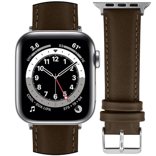 DBLACK ‘’NAGATA2’’ Compatible with Apple Watch Strap 42mm 44mm 45mm 46mm 49mm, Leather Watch Strap, Full Padded with Strong stitching, Matte Finish Watch Belt for iWatch Series 10 9 8 7 6 5 4 3 2 1 SE/SE2 and Ultra 2/Ultra (Watch is Not Included) (Brown, 42mm 44mm 45mm 49mm / Silver)