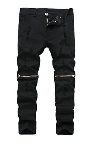 Boy's Black Slim Fit Skinny Jeans Ripped Elastic Waist Pants with Zipper for Kids,Black,8 Slim