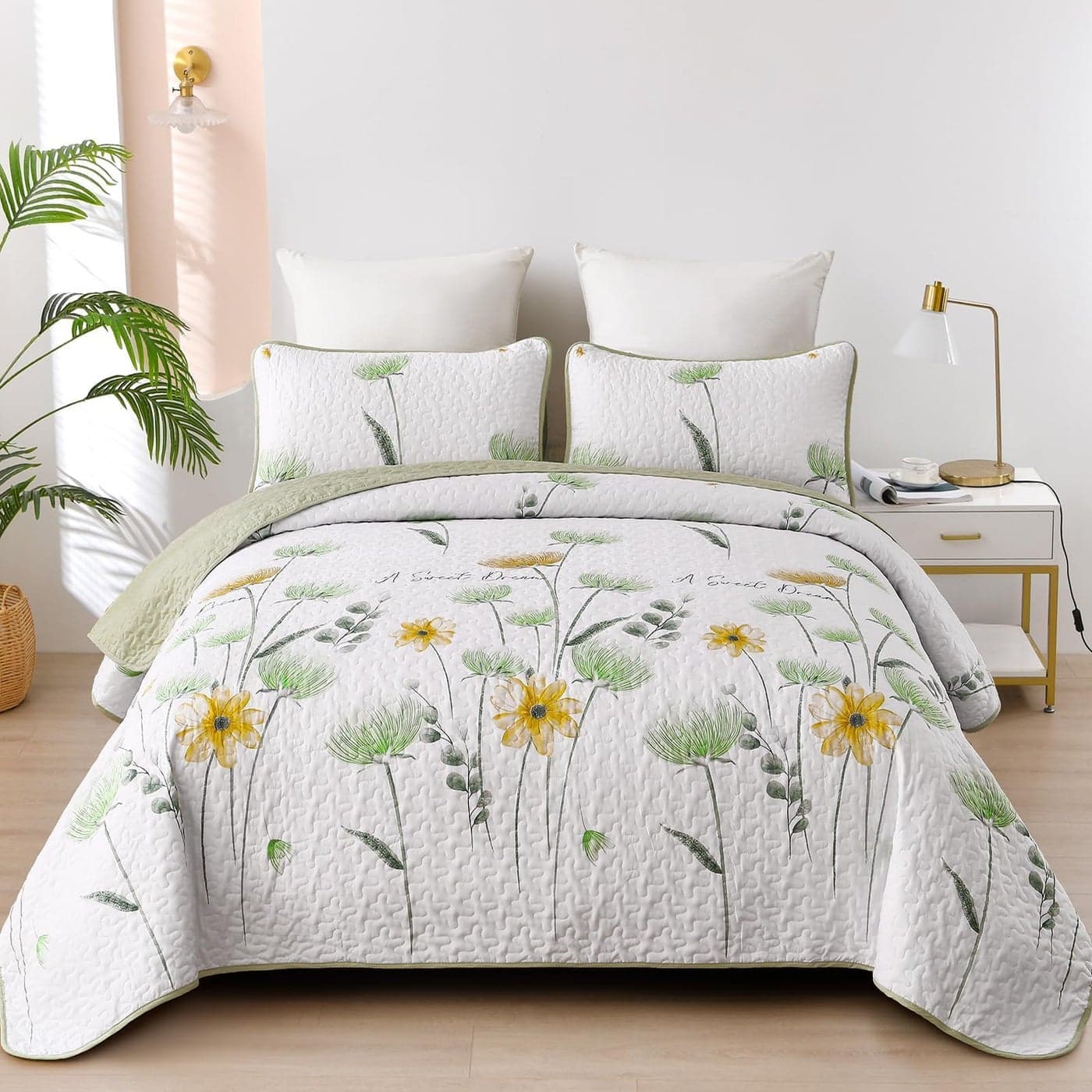 Dinjoy Floral Quilt Set QueenGreen Yellow Bedspread Queen Size 3 Pieces Sage Green Bedding Set Summer Fall Quilts Soft Flower Bedspreads White Coverlet Sets for All Season