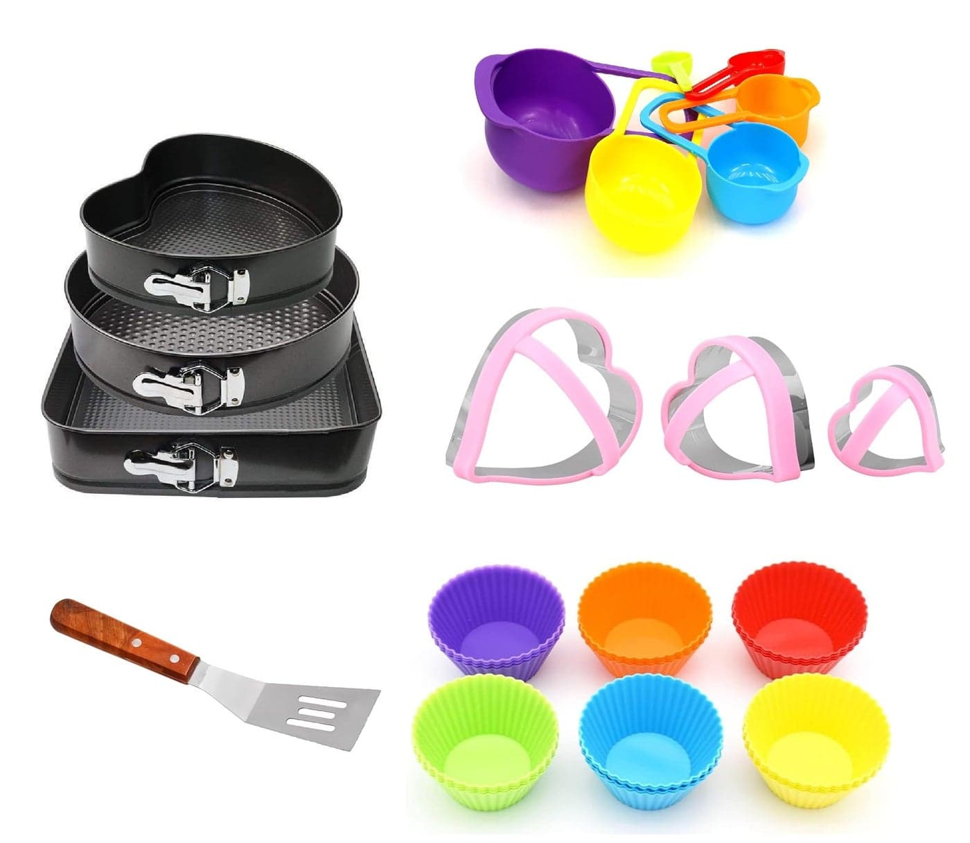 Wishome 4-Piece Baking Tools Set Non-Stick Carbon Steel Round Cake Mould 20cm, Muffin Tray, Rectangular Bread Loaf Mould, Measuring Cups and Cookie Cutter Microwave OTG Oven Safe Bakeware Tools
