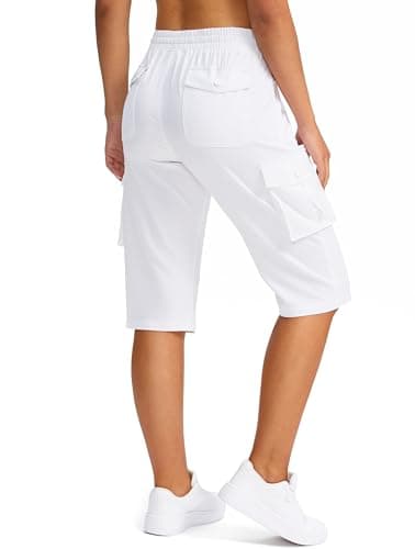 Viodia 15" Long Shorts for Women Hiking Cargo Bermuda Shorts Lightweight Quick Dry Knee Length Capris for Summer Travel Fishing White