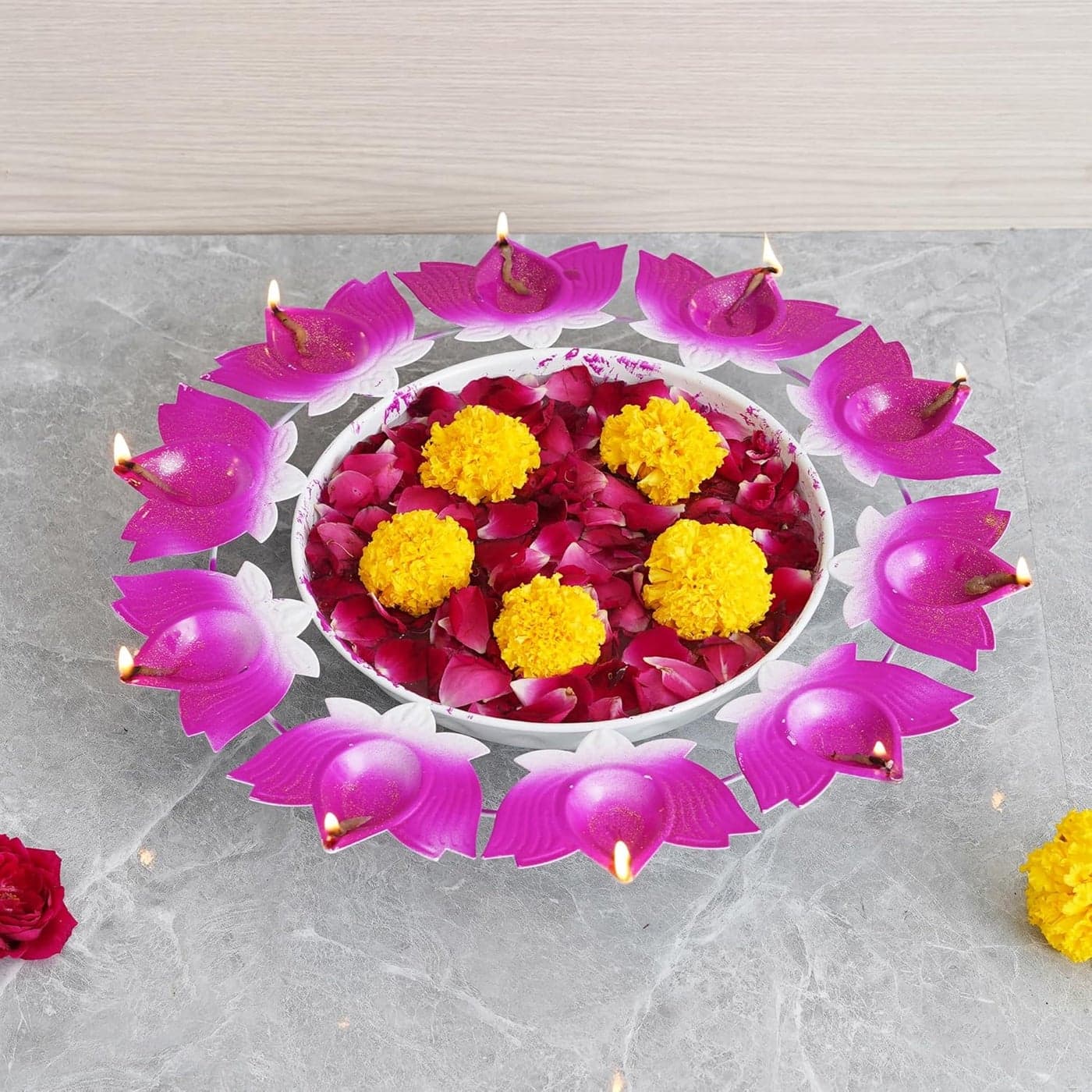 Webelkart Lotus Shape Diya urli Bowl for Home and Pooja Decorations| Urli tealight Candle Holder for Home and Office Decor (14.17" Inches)- Diwali Candle Holder