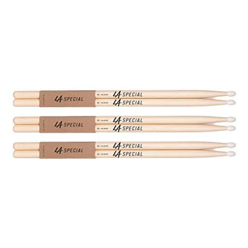 LA Specials Drum Sticks - Hickory 5B Drumsticks - Set for Acoustic or Electronic Drums - Oval Nylon Tip - Consistent Weight and Pitch - 3 Pairs