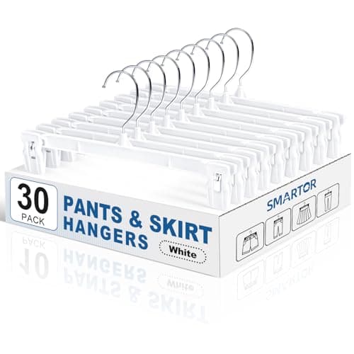 Smartor Skirt Hangers with 360° Swivel Hook, 30 Pack White Pants Hangers for Skirts, Shorts, Jeans & Slacks, Space-Saving Closet Organizer with Strong Grip Clips