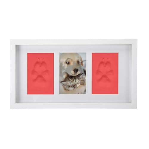 BABIES BLOOM Dog or Cat Paw Print with Photo Frame, Pet Paw Print Impression Kit, Dog or Cat Clay Pawprint Keepsake Wooden Photo Frame (Red Clay)