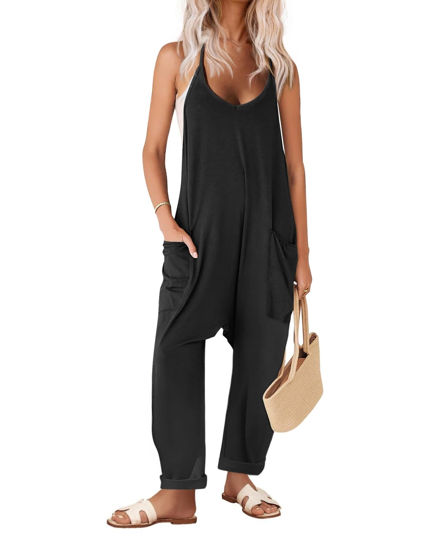 Ekouaer Women Jumpsuit sleeveless Jumper Adjustable Spaghetti Strap Romper Jumpsuits Fashion Summer Outfit 2025 Black M