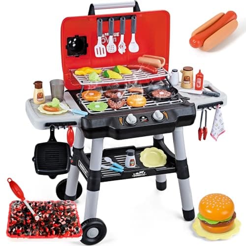 Kids Play Kitchen Toys Kids BBQ Grill Playset with Smoke Sound Light 2Layer Barbecue Toy with Wheel Outdoor Play Grill Toys for Toddlers 35 Play Food Toys Cooking Set Birthday Gift for Boy Girl