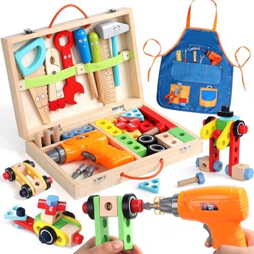 Kids Tool Set with Drill Educational Montessori Toys for 3 Year Old Boys 44 Pcs STEM Kids Toys Wooden Toddler Tool Set with Apron Box Birthday Gifts for 3 4 5 Year Old Boy Girl