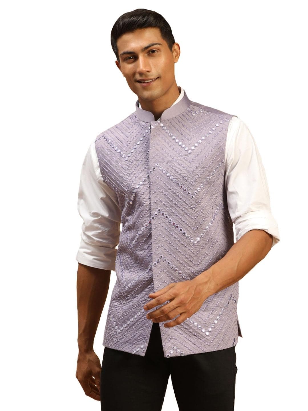 VASTRAMAY Men's Purple Mirror Work Nehru Jacket | Mirror Work Chevron Pattern Chic Jacket For Men