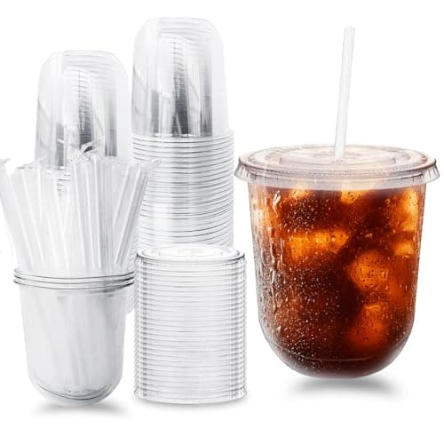 Alaeseje 50 Pack Clear Plastic Cups with Lids and Straws,12 oz Disposable Iced Coffee Cups,PET Crystal Cups,Round Bottom To Go Cup for Iced Coffee Juice Smoothie Cold Beverage