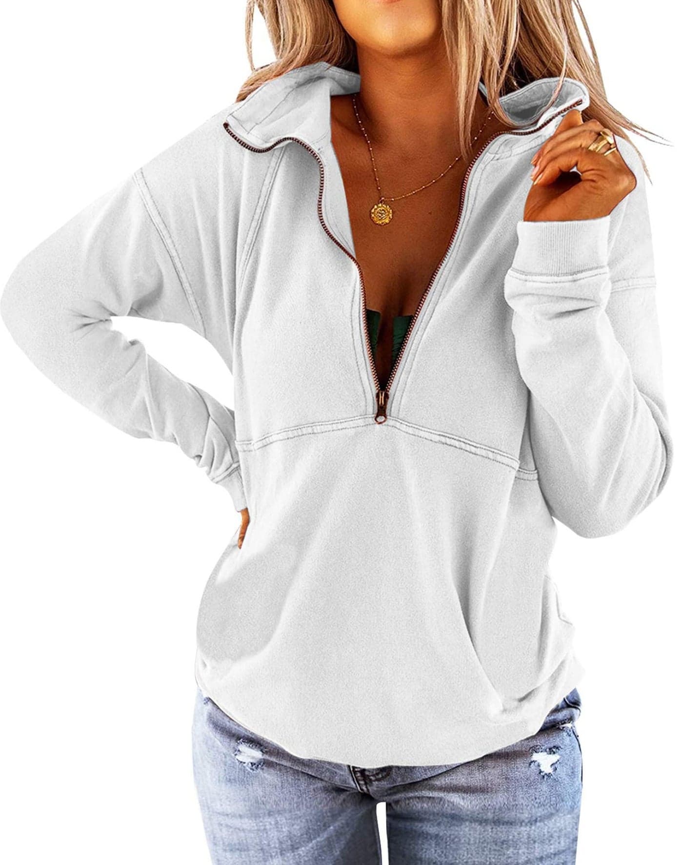 Floral Find Women's Long Sleeve Lapel Half Zip Up Sweatshirt Solid Stylish Loose Fit Casual Pullover Tops (White, Medium)