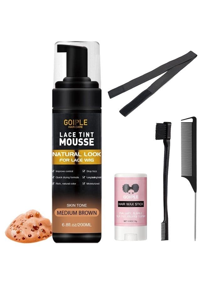 Lace Tint Melting Hair Mousse, 6.8 fl oz Lace Tint Mousse for Women Wigs Toupees and Hairpieces Natural Finishing Lace Color, Lace Tint for Wigs Tool Set (Mocha- Medium Brown)