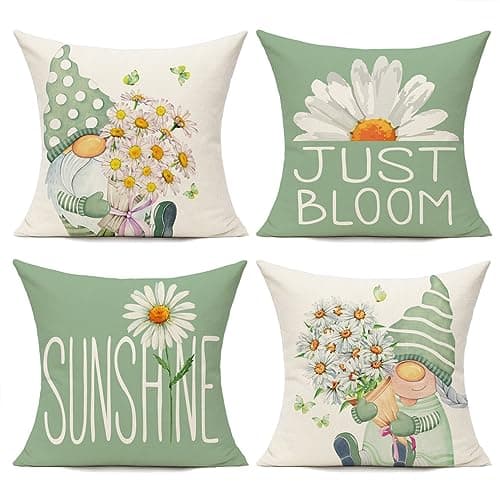 All Smiles Outdoor Green Spring Throw Pillow Covers 18x18 Set of 4 Summer Decorative Cushion Cases Home Décor Flower Decorations for Patio Couch Chair Sofa,Daisy Floral Gnomes