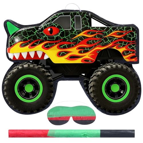 Threan Monster Truck Party Decorations Dinosaur Monster Truck Piata Dino Car Piata Game with Stick Blindfold for Children Boys Cool Birthday Party Decor Favors Supplies