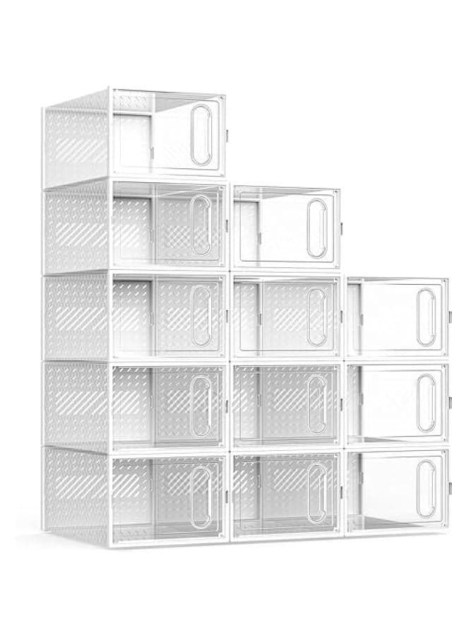 Shoe Storage Box, 12 Pack Clear Plastic Shoe Boxes, Shoe Organizer with Magnetic Front Door, Shoe boxes Sturdy Durable Organizer Bins with Lids, Under-Bed Storage Containers, Shoe Display Box