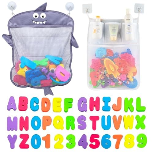 Comfylife Baby Bath Toy Organizer Shark 36 Bath Letters Numbers Extra Bath Toy Storage Net 10 Strong Hooks Great Bath Net for Kids Cute Bathtub Toy Organizer and BathShower Caddy Solution