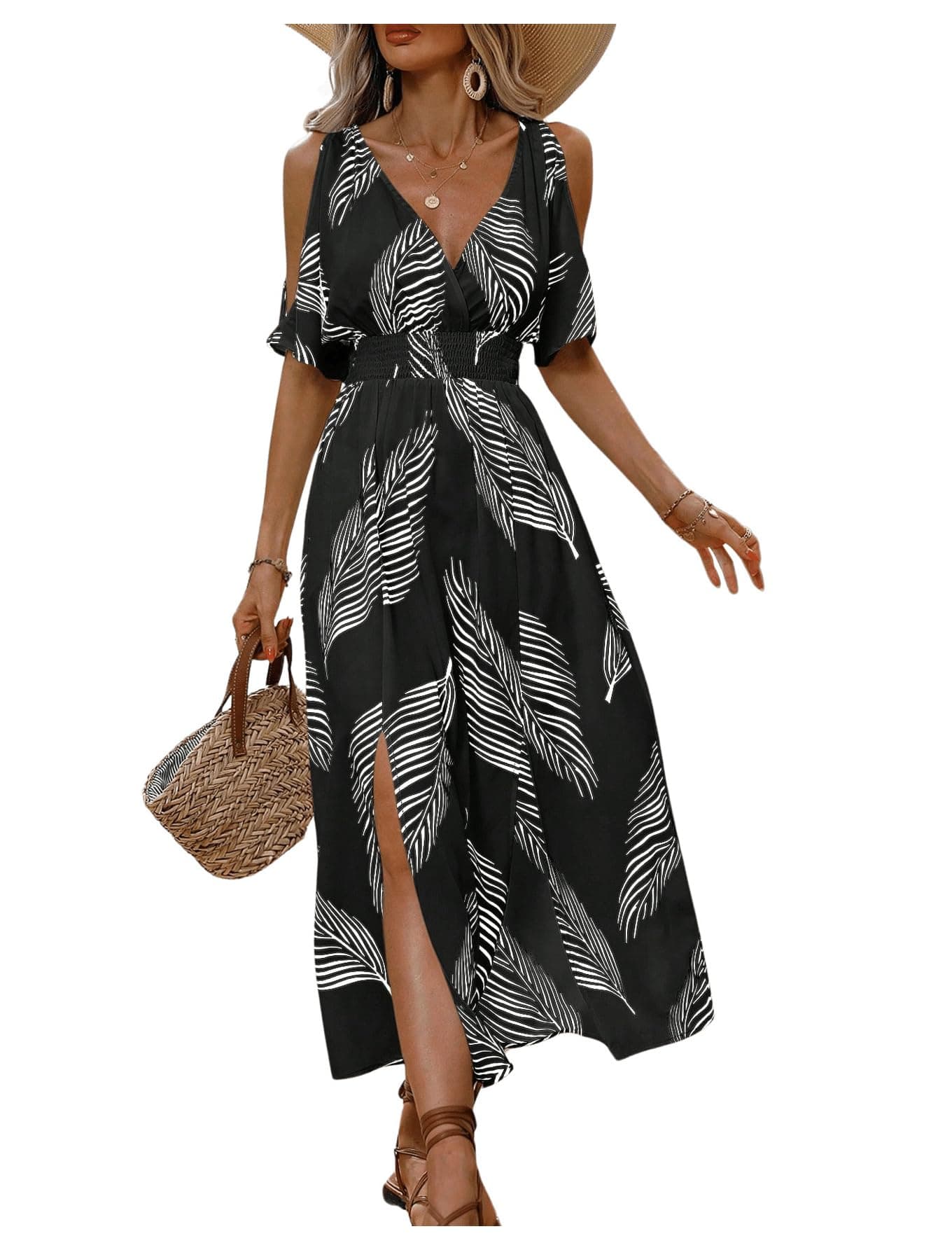 Verdusa Women's Summer Outfits Hawaiian Dress 2025 Boho Cold Shoulder Maxi Dresses Black X-Large