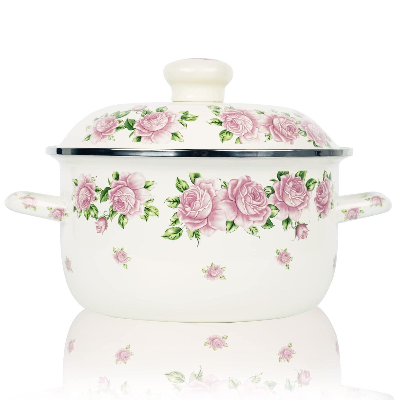 Retro Flower Enamel Stockpot with LidStockpots for Cooking Pink 3QT