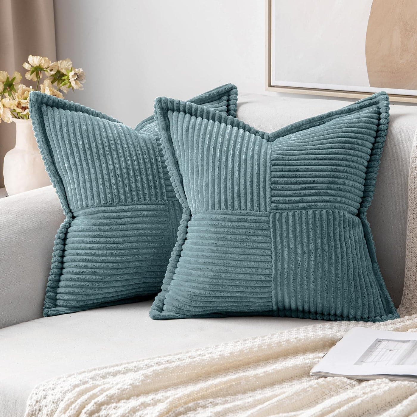 MIULEE Decorative Throw Pillow Covers for Couch Bed Livingroom 18x18 Inch Set of 2 Dusty Blue Boho Accent Throw Pllows Broadside Striped Patchwork Soft Corduroy Summer Coastal Pillowcases