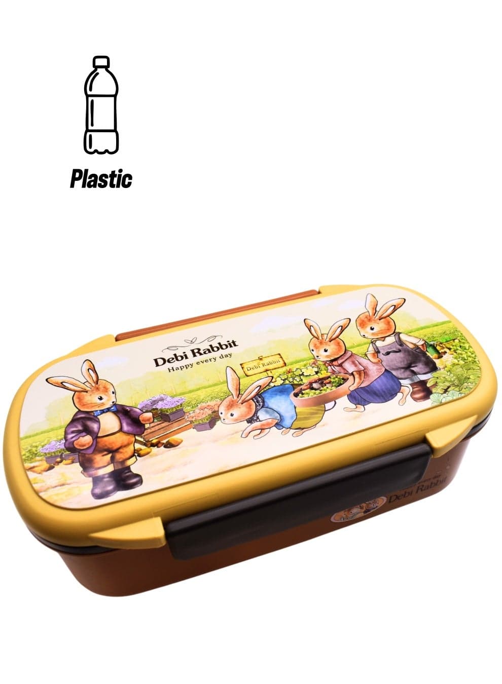 Twisoo Rectangular Kids Lunch Box Rabbit Bento Lunch Box 900ml - Food Grade PP, BPA-Free, 2-Compartment Leakproof & Spillproof Design with Clip Lock and Spoon (Brown)