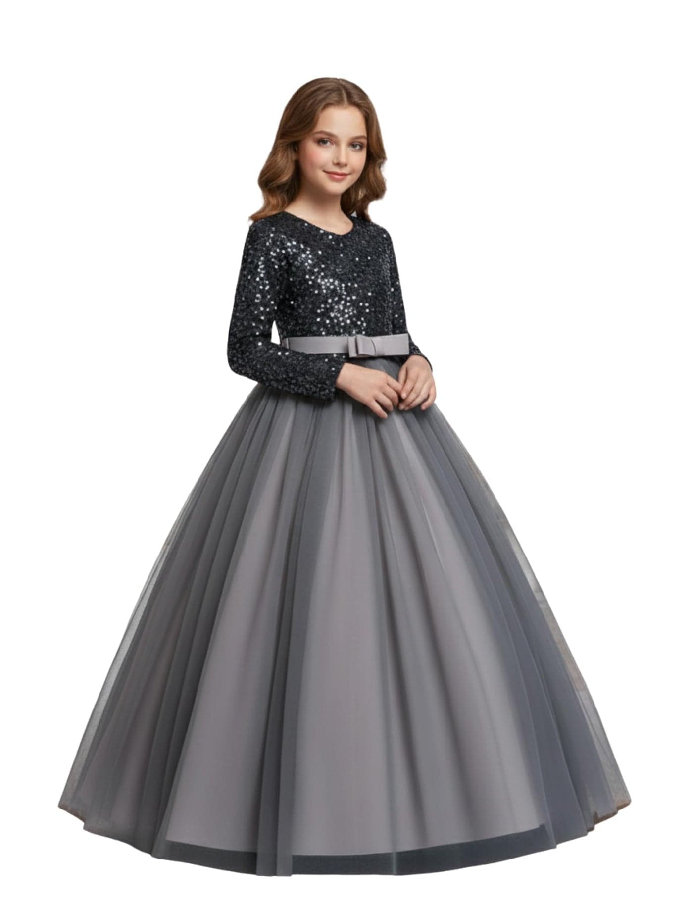 Elegant Emerald Girls' Long Sleeve Sequin Tulle Princess Gown - Perfect for Parties, Weddings, and Festive Occasions, Pack of 1 (Grey LAXMI, 5-6Y)