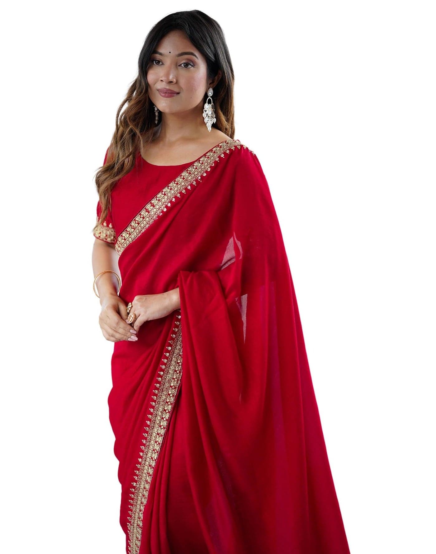 SIRIL Women's Soft Silk Sequence Embroidery Saree With Unstitched Blouse (4552S107_Red)