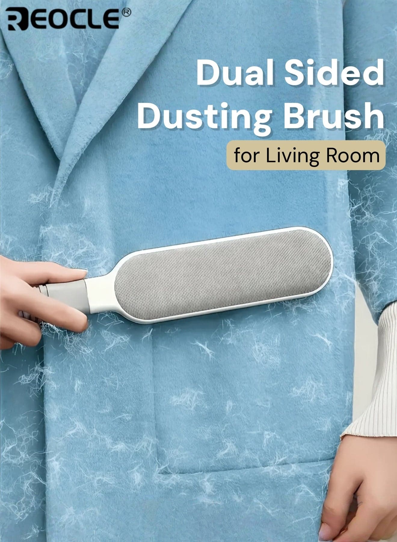 Dual Sided Dusting Brush with Static Eliminator and Reusable Design Pet Hair Remover with Plastic Handle for Furniture Bedding Carpet Cleaning