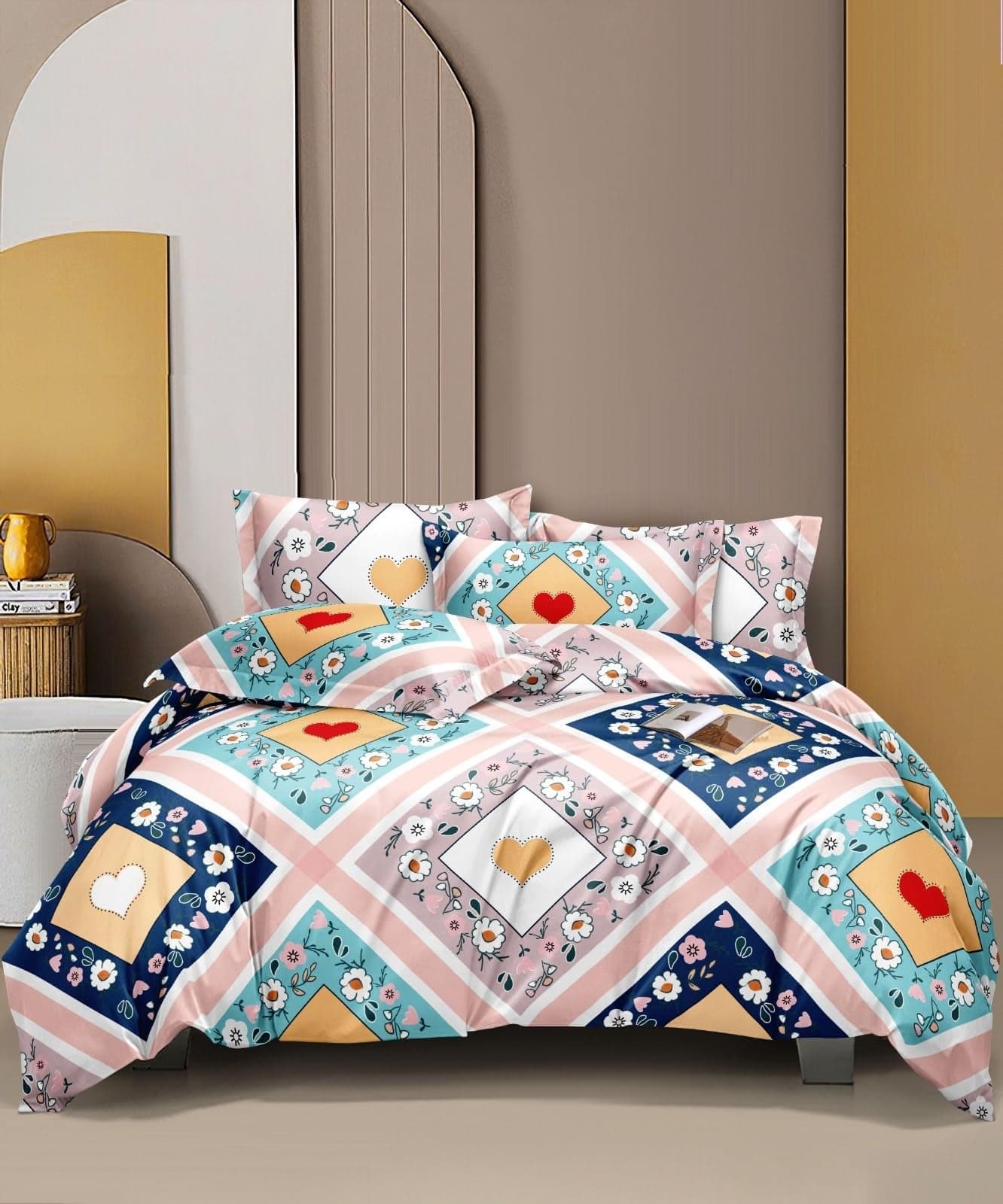 THE HOME STYLE 400 TC Cotton Feel Glace Cotton Elastic Fitted All Around Printed Queen Size Double Bed Bedsheet wih 2 Pillow Cover (60"x78", Rose Gold)
