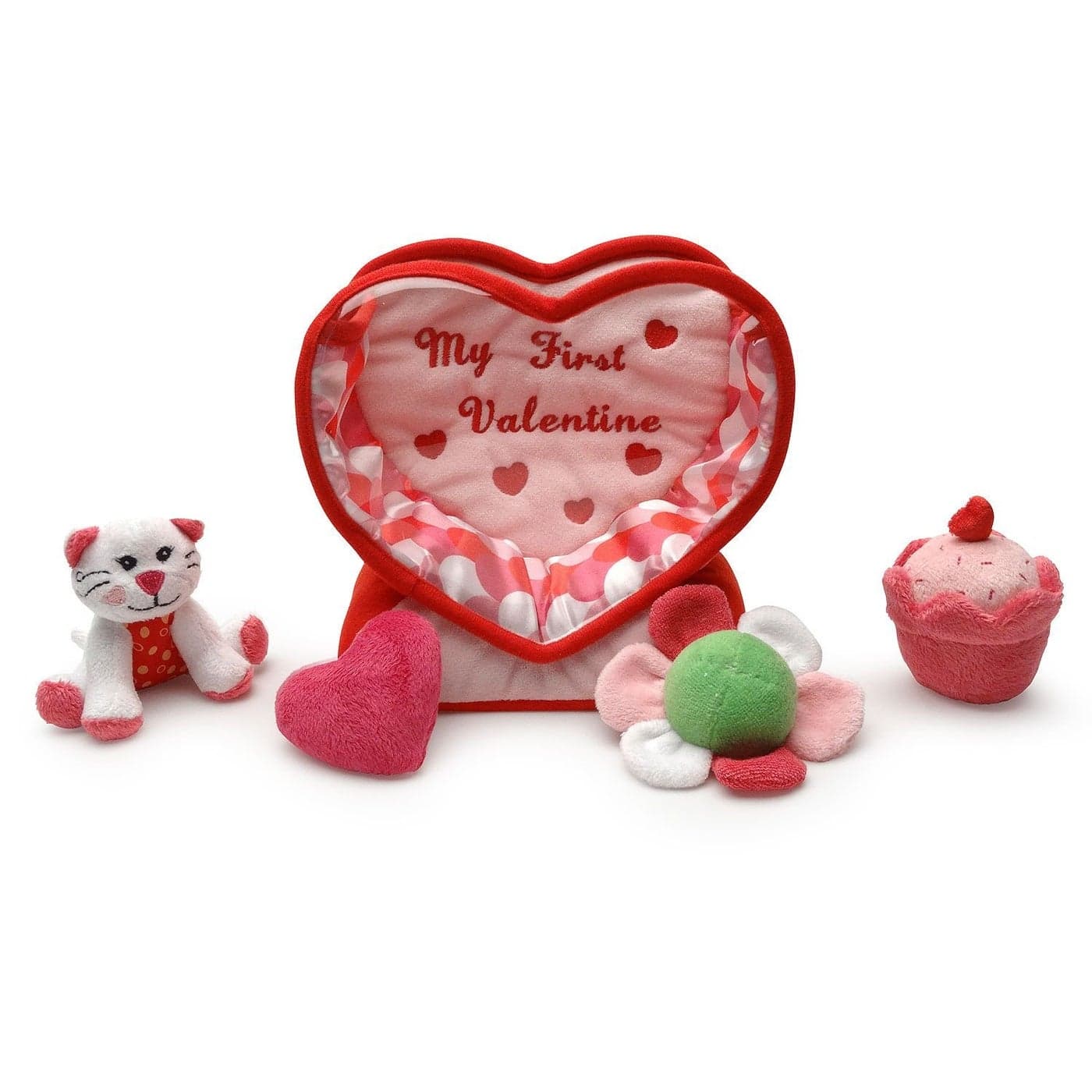 Babys First Valentines Day Gift Deluxe Toy Set with 4 Sensory Toys Cat Heart Flower Cupcake for Babies and Toddlers Sweet Valentines Gift for Baby Girls and Baby Boys by Genius Baby Toys