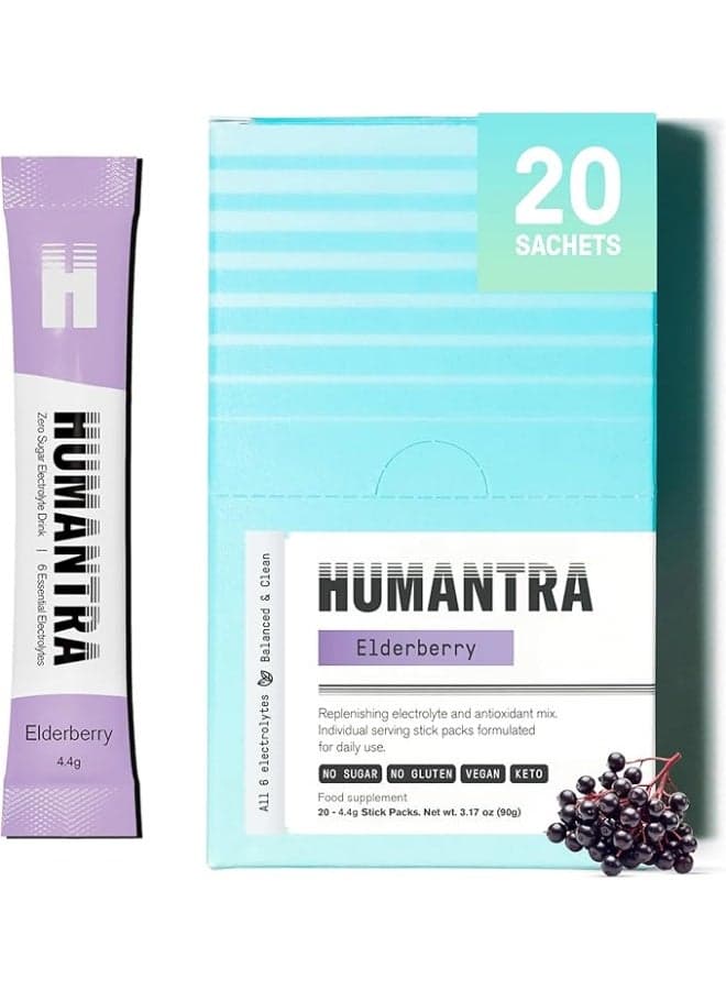 Humantra Hydration Packets | Zero Sugar Electrolyte Hydration Multiplier w/Essential Minerals, Boost Immune & Metabolic Functions | Electrolytes Powder (20 count, Elderberry)