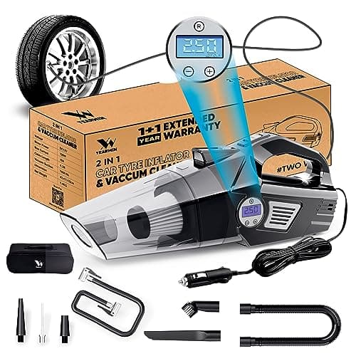 YEARWIN 4 in1 Car Vacuum Cleaner with Tyre Inflator DC12V High Power 7000PA Handheld Car Vacuum LED Light, 4.2M Power Cord, for Wet/Dry Use, Black (TWOWAY)