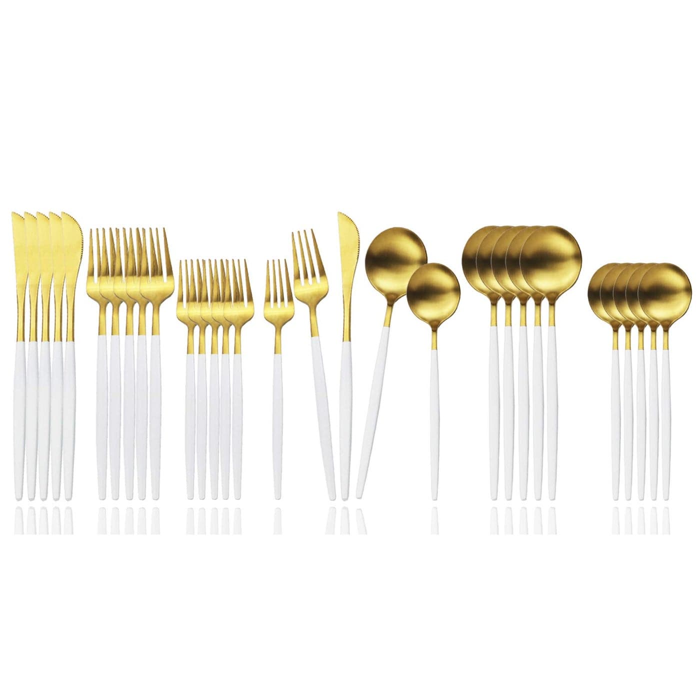 JASHII Flatware Silverware Set Stainless Steel Satin Finish Cutlery Set Service for 6 30Piece Spoons And Forks Kitchen Utensil Set Dishwasher Safe Matte White handle gold
