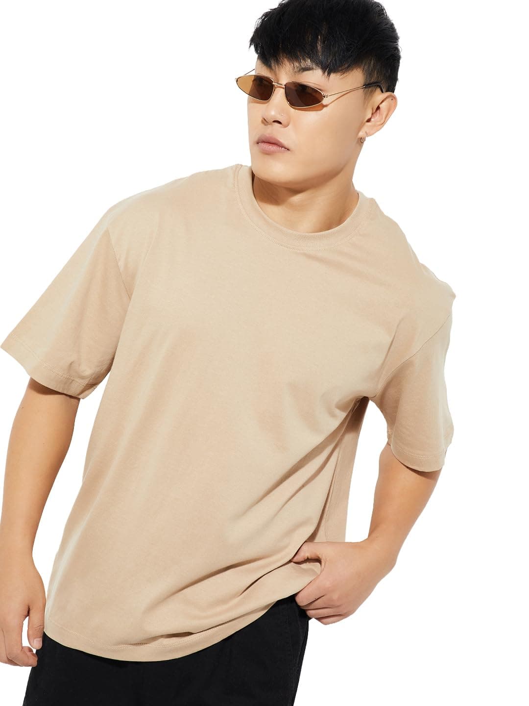 Max URB_N Men Solid Oversized T-Shirt (Beige_M)